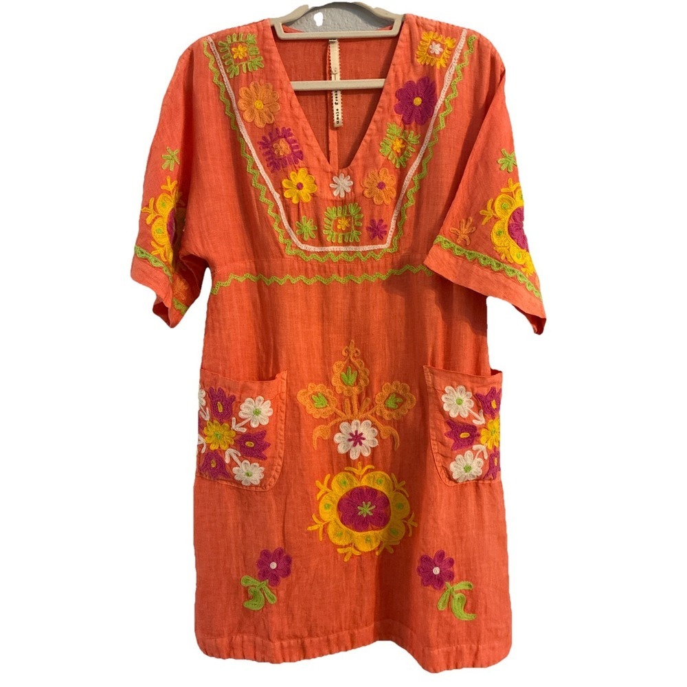 Uncle Frank Size XS Colorful Floral Crewel Embroidery Bell Sleeve Linen Dress